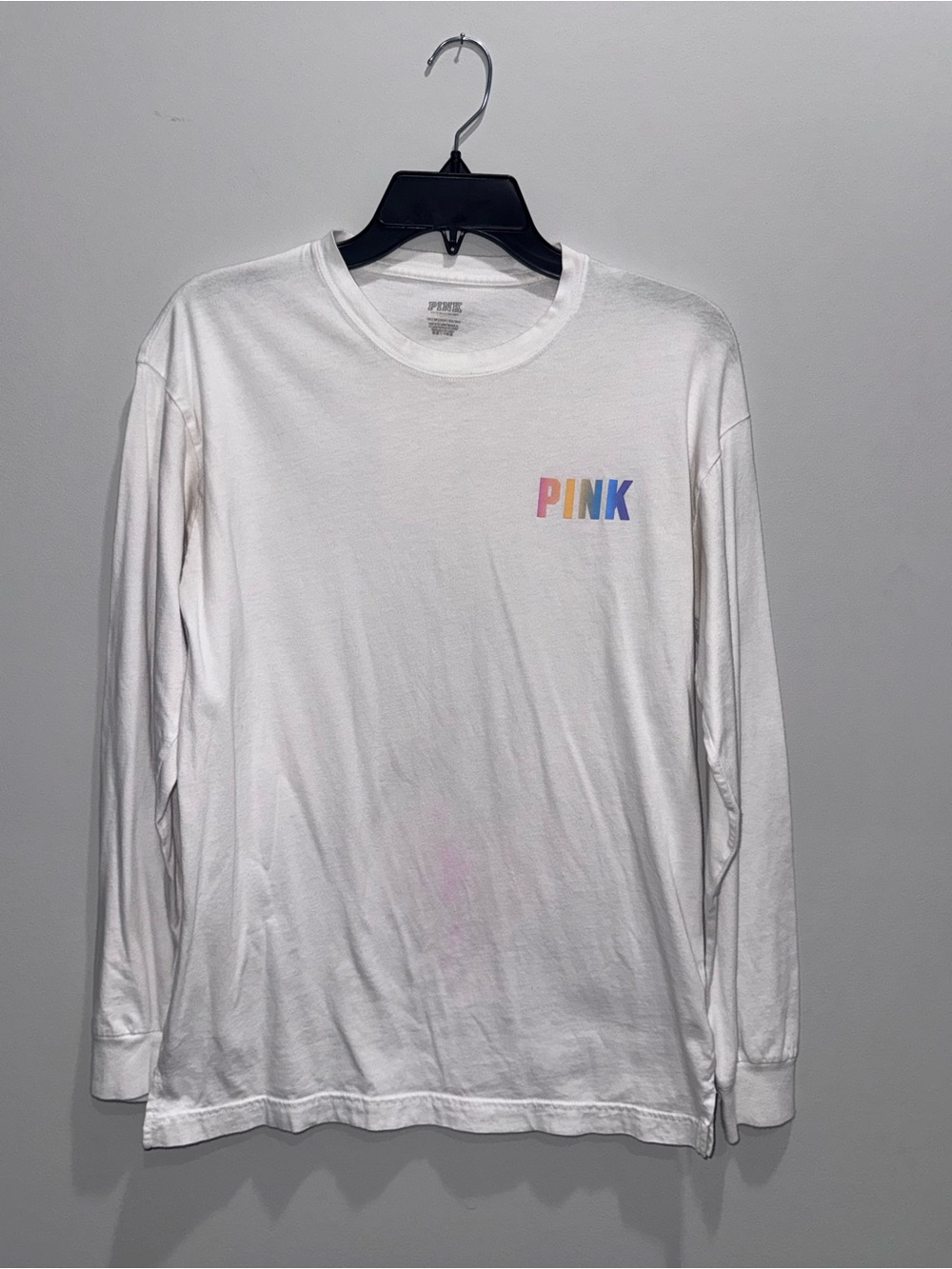 PINK Victoria's Secret White Long-Sleeve Tee with Rainbow Chest Logo